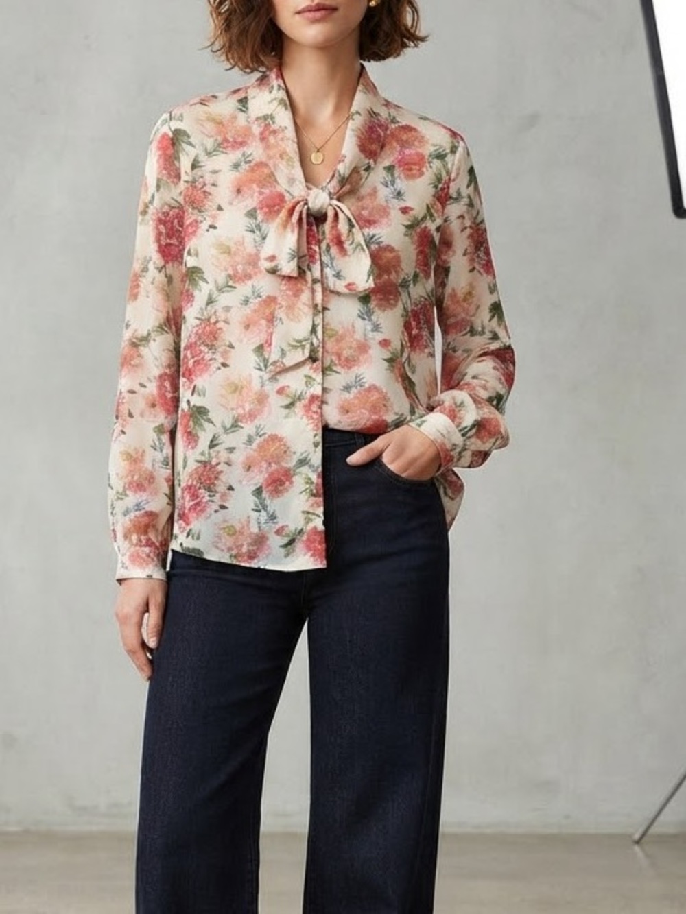Tolani Julie Floral Top Long Sleeves blouse Neck Tie 100% Modal Size Large